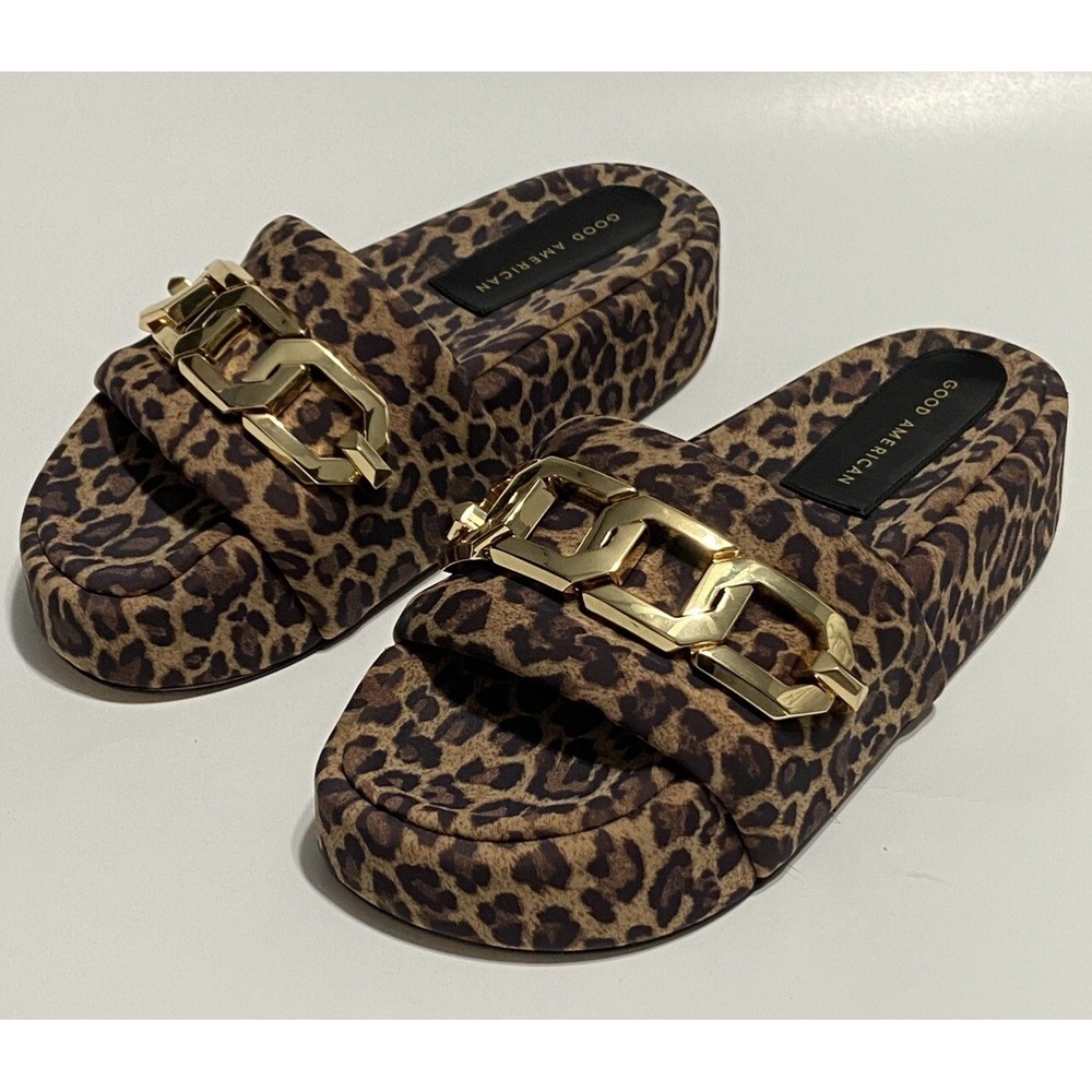 Good American Leopard Print Chain Platform Slide Sandal 7.5